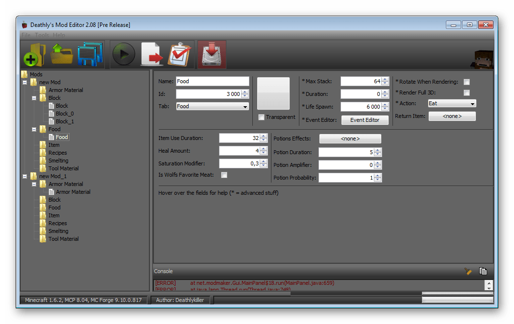 Добавление еды Deathly`s Mod Editor