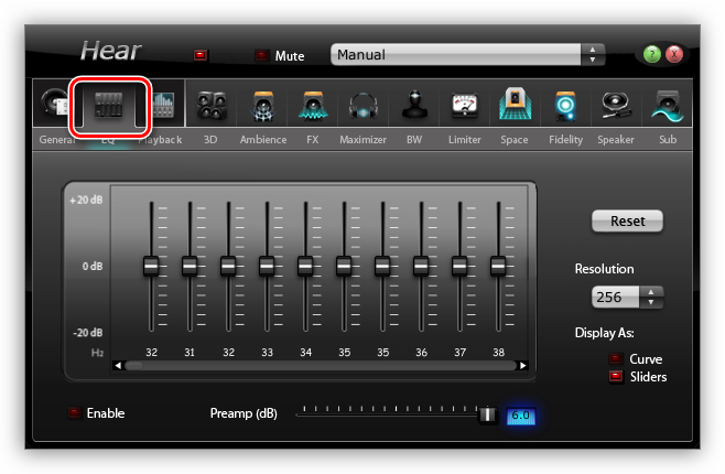 Использование эквалайзера в программе Hear