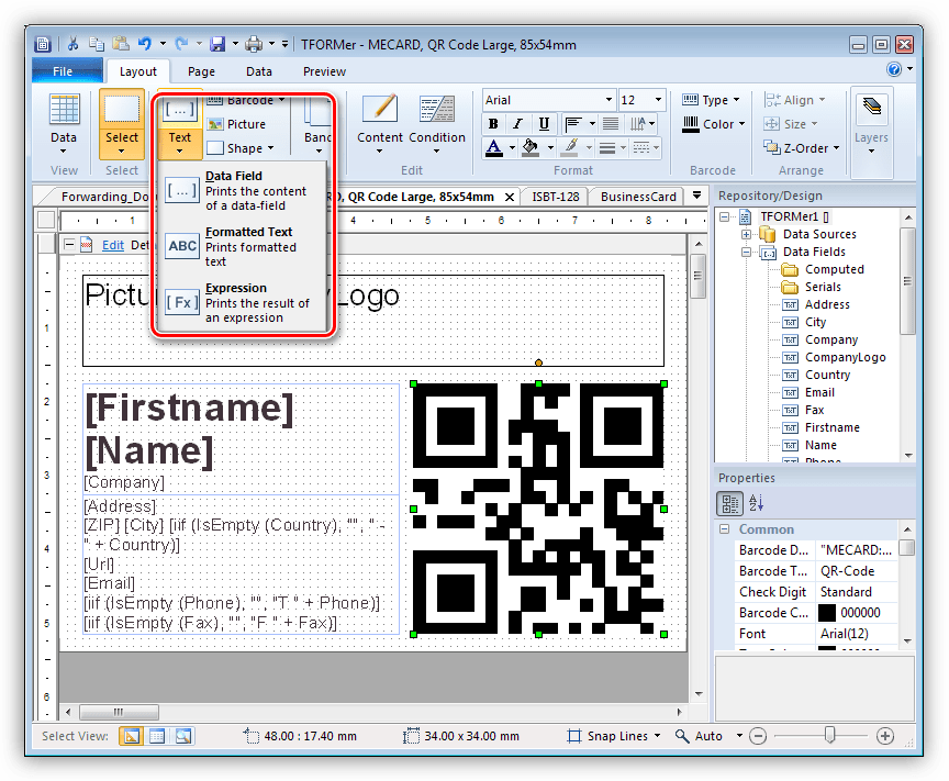 Добавление текстового контента в программе TFORMer Designer