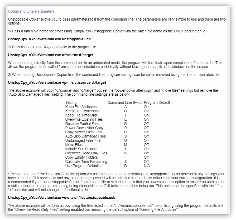 Параметры командной строки в программе Unstoppable Copier