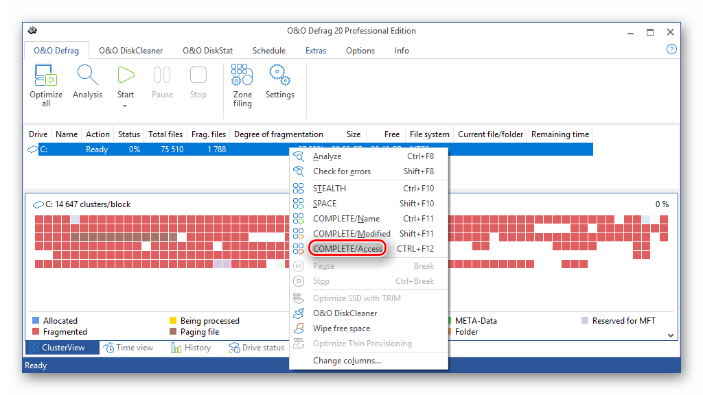 Кнопка запуска метода дефрагментации Complete-Acces в программе OO Defrag