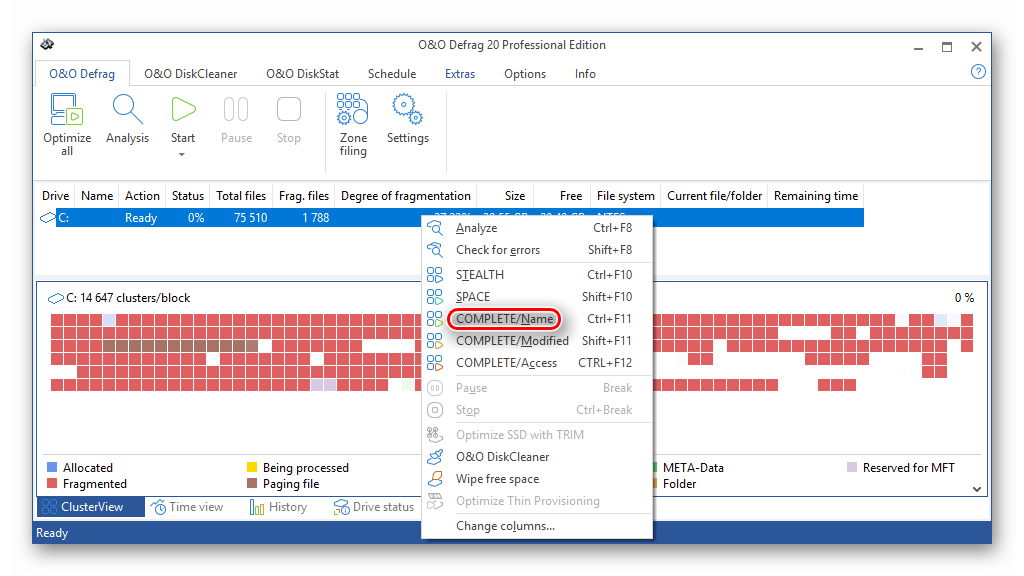 Кнопка запуска метода дефрагментации Complete-Name в программе OO Defrag