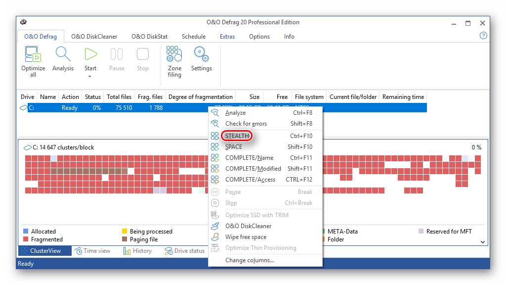 Кнопка запуска метода дефрагментации Stealth в программе OO Defrag