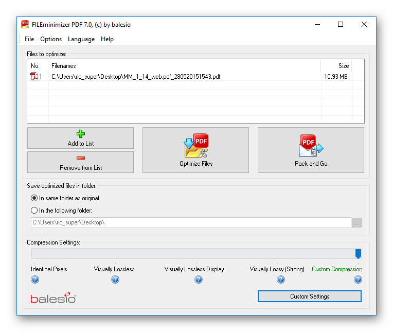 Сжатие PDF-документа в программе FILEminimizer PDF