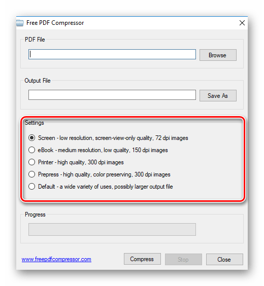 Параметры сжатия документа в программе Free PDF Compressor