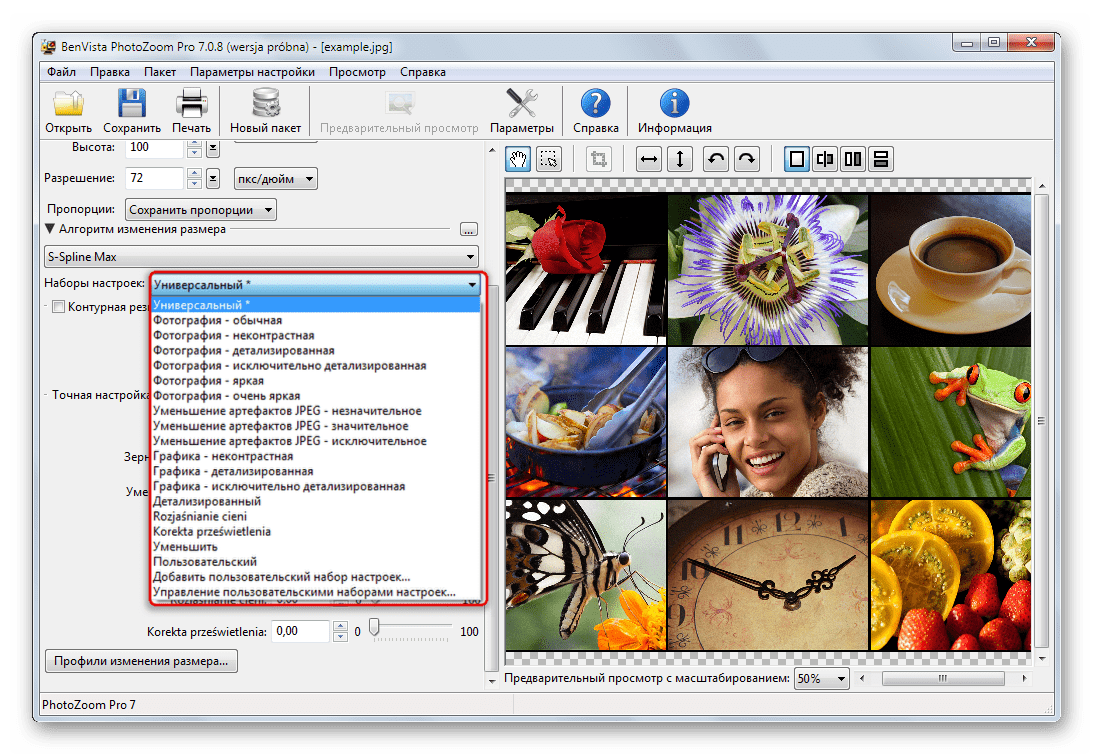 Наборы настроек алгоритмов изменения размеров изображений в Benvista PhotoZoom Pro
