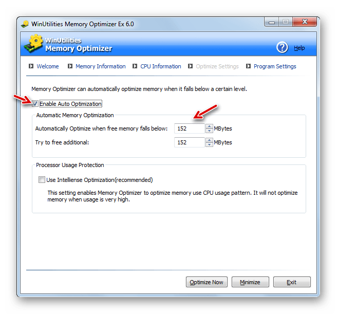 Ручная настройка уровня загрузки оперативной памяти для проведения оптимизации в программе WinUtillities Memory Optimizer