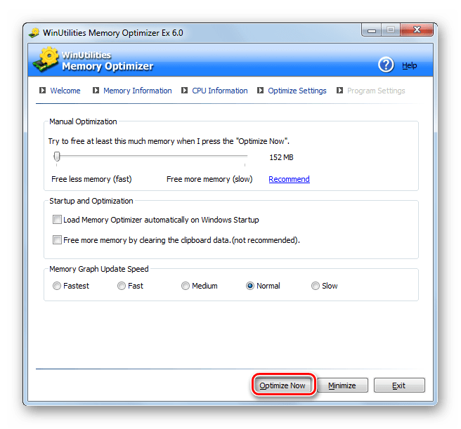 Очистка оперативной памяти вручную в программе WinUtillities Memory Optimizer