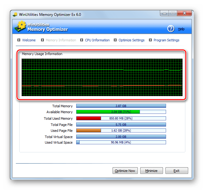 Нагрузка на оперативную память компьютера в динамике в программе WinUtillities Memory Optimizer