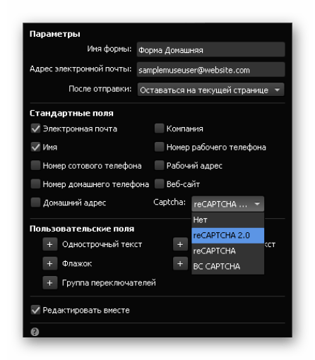 Параметры reCAPTCHAv2 в программе Adobe Muse