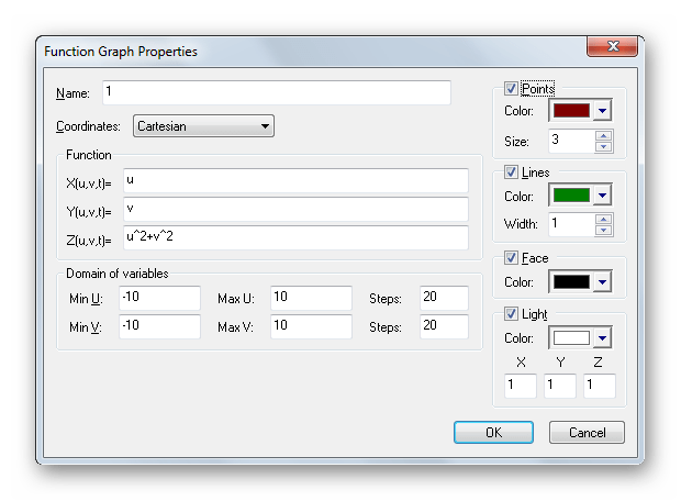 Окно свойств функции для построения графиков в 3D Grapher