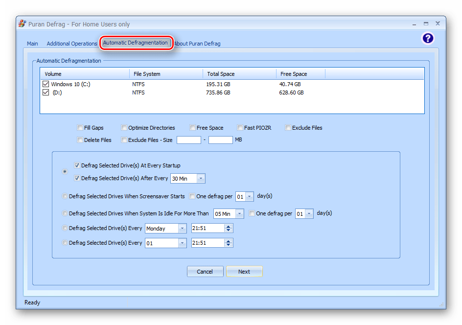 Окно настроек автоматической дефрагментации диска в программе Puran Defrag