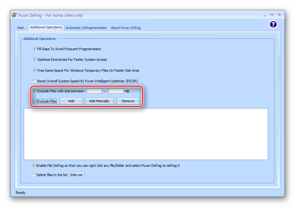 Список исключений по размеру и по папкам в программе Puran Defrag