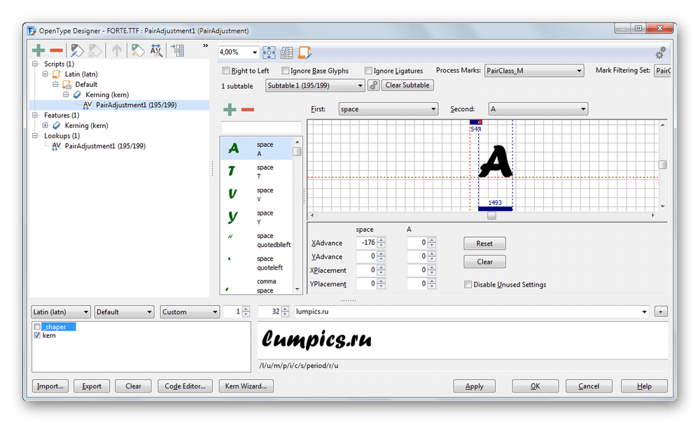 Окно более детальной информации о шрифте в FontCreator