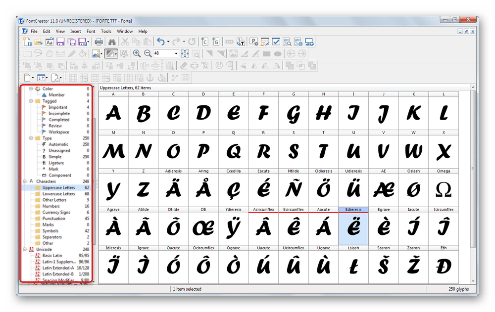 Инструмент для группирования символов по категориям в FontCreator