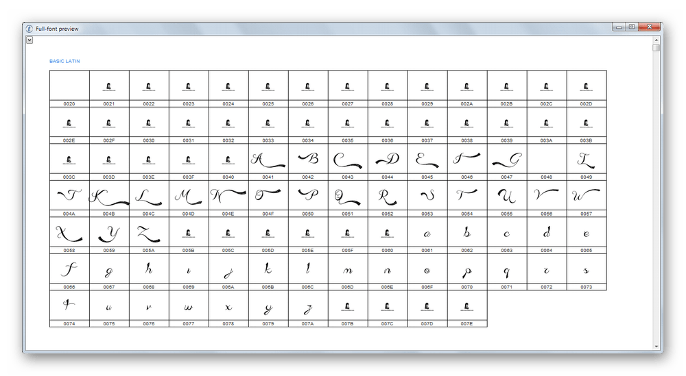 Окно просмотра символов шрифта в таблице в Type