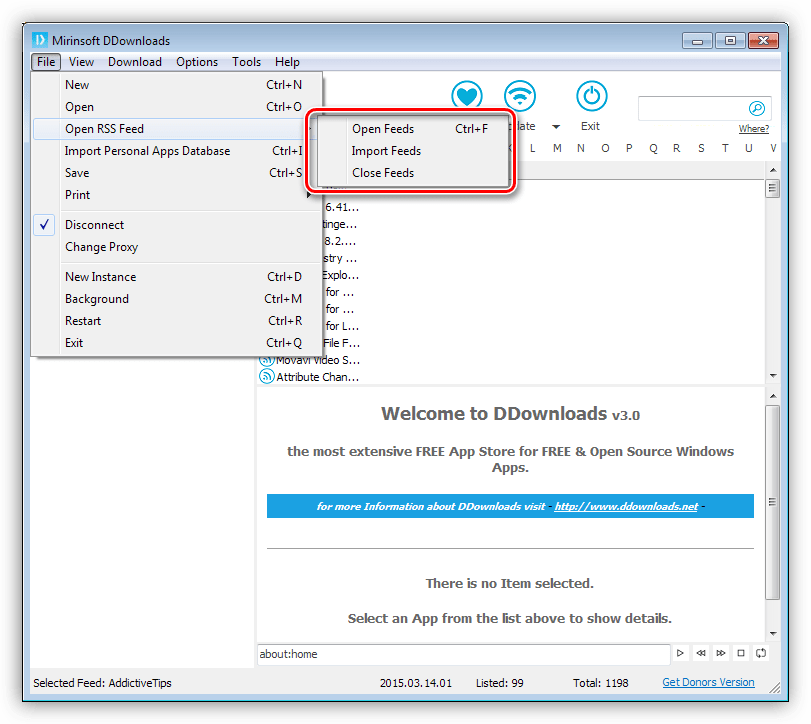 Выбор ленты RSS для чтения в программе DDownloads