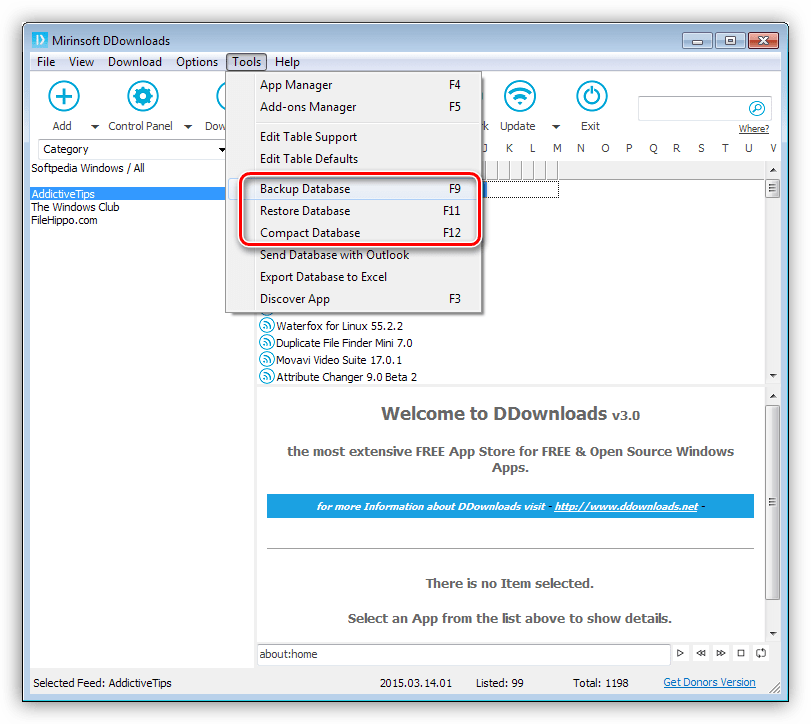 Резервирование и сжатие базы данных в программе DDownloads