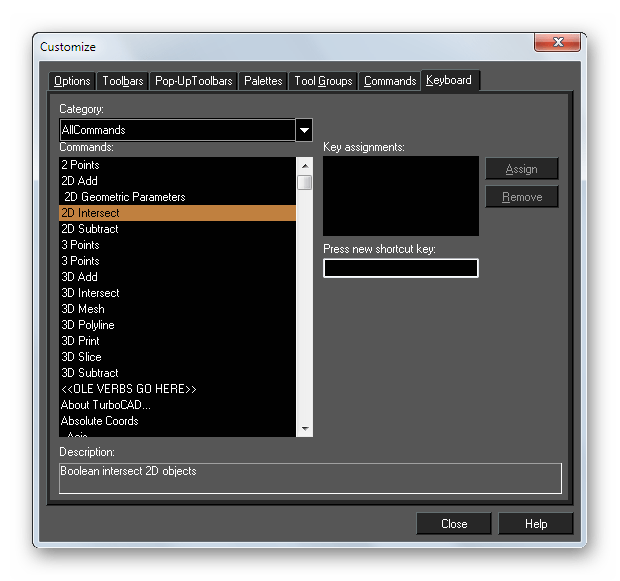Меню назначения горячих клавиш в TurboCAD