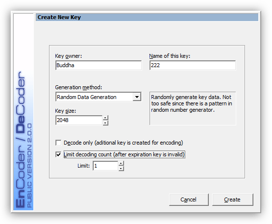 Создание ключа шифрования в программе RCF EnCoder-DeCoder