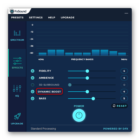 Параметр активного усиления звука в FxSound Enhancer