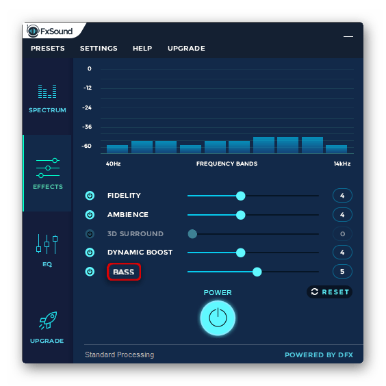 Параметр усиления низкочастотных звуков в FxSound Enhancer