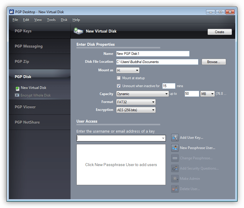 Создание виртуального диска в программе PGP Desktop