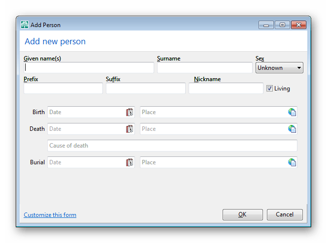 Добавление новой персоны RootsMagic Essentials