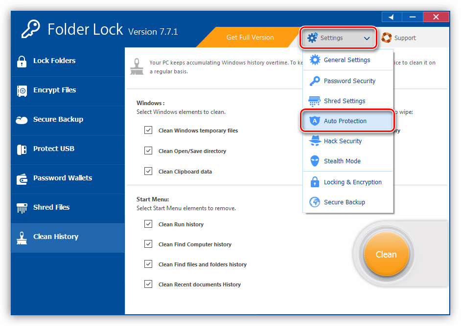 Доступ к настройкам автоматической защиты в программе Folder Lock