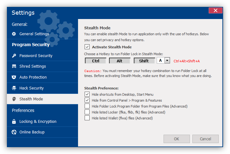 Настройка скрытого режима работы программы Folder Lock