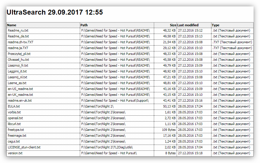 Файл с результатами поиска в программе UltraSearch