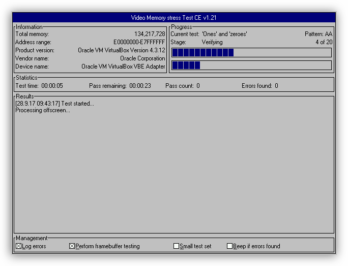 Тестирование видеопамяти при загрузке компьютера в программе Video Memory Stress Test