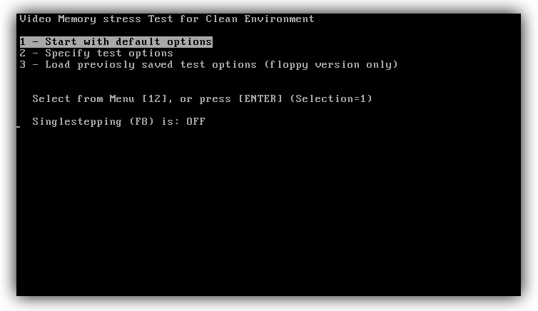 Меню параметров загрузочной версии программы Video Memory Stress Test
