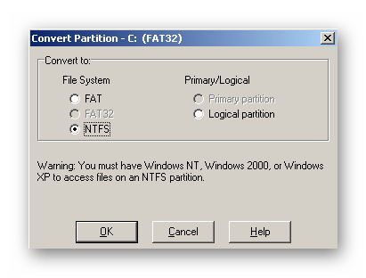 Конвертация файловой системы в программном решении Partition Magic