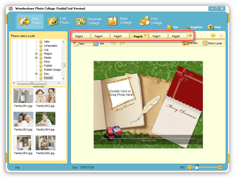 Добавление новых страниц в проект в программе Wondershare Photo Collage Studio