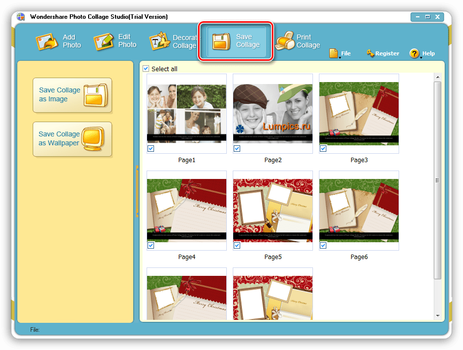Сохранение проекта в виде изображений или обоев в программе Wondershare Photo Collage Studio