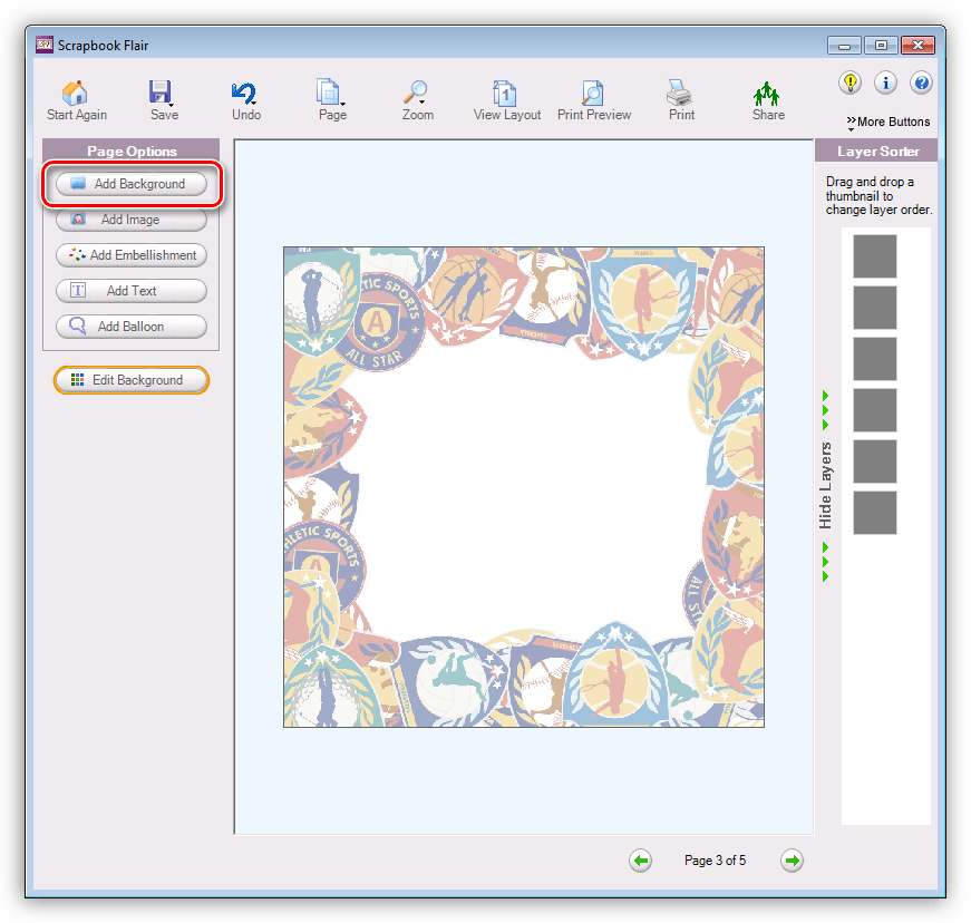 Изменение фона страницы в программе Scrapbook Flair