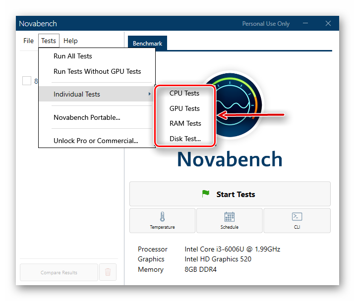 Запуск индивидуальных тестов для отдельных элементов системы в программе Novabench