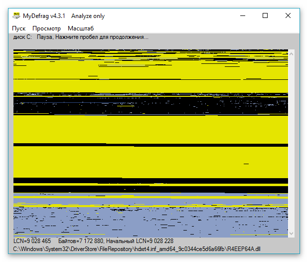 Просмотр процесса анализа в виде карты в программе MyDefrag