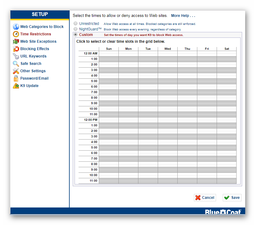 Составление графика пользования K9 Web Protection