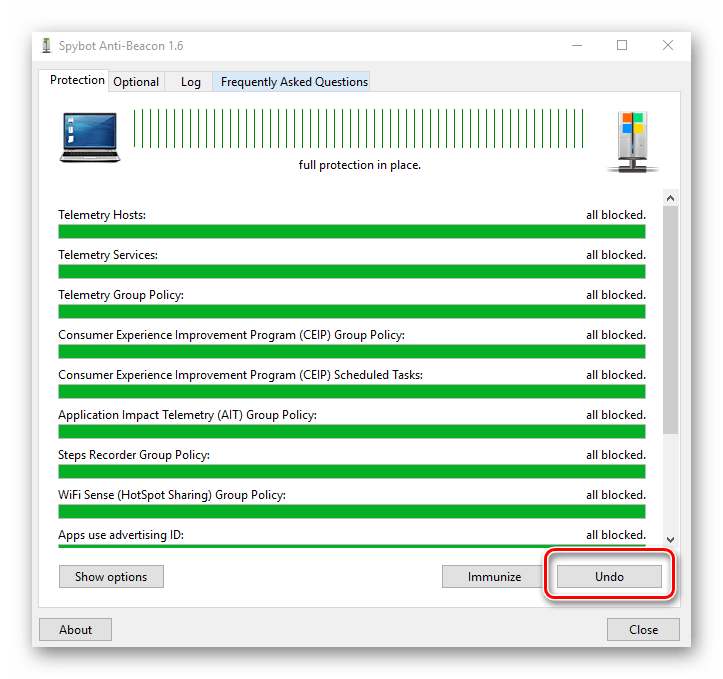 Spybot Anti-Beacon for Windows 10 отмена сделанных изменений