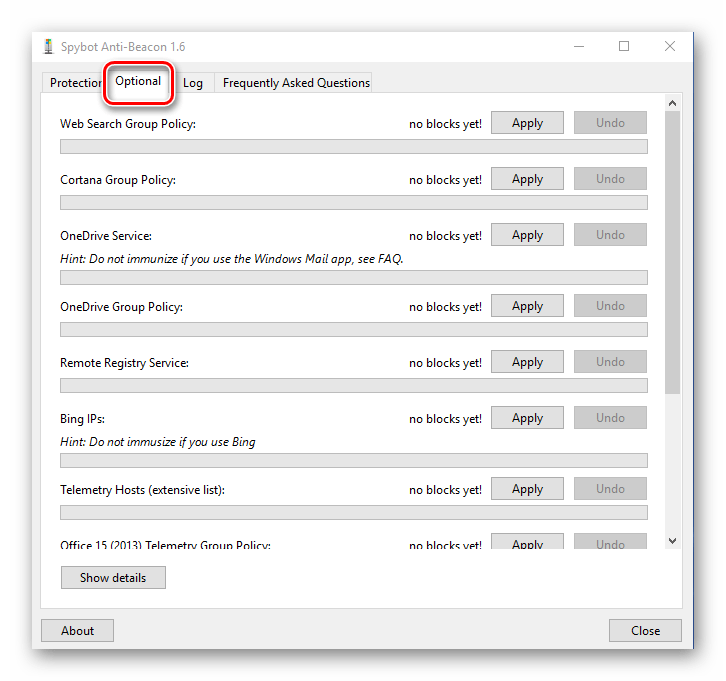 Spybot Anti-Beacon for Windows 10 Дополнительные опции