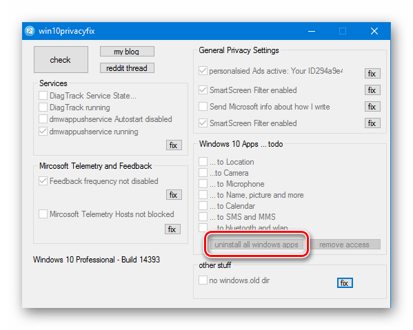 Windows 10 Privacy Fixer удаление всех Виндовс-приложений