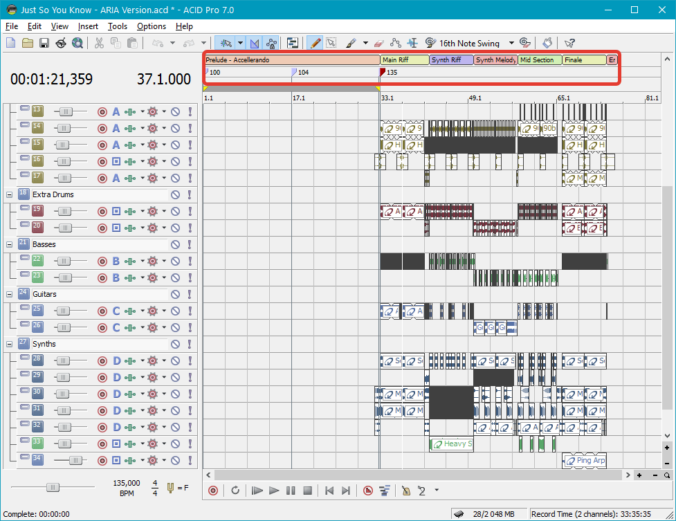 Работа с секциями в Sony Acid Pro