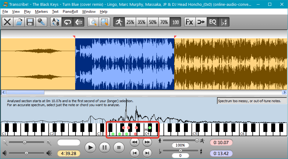 Отображение нот и аккордов на клавиатуре пианино в Transcribe!