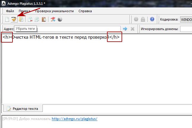 Очистка тегов в тексте в программе Advego Plagiatus.jpg