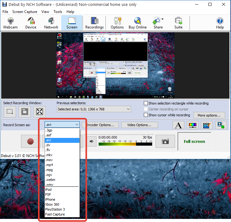 Изменение формата видео в Запись видео с экрана в Debut Video Capture