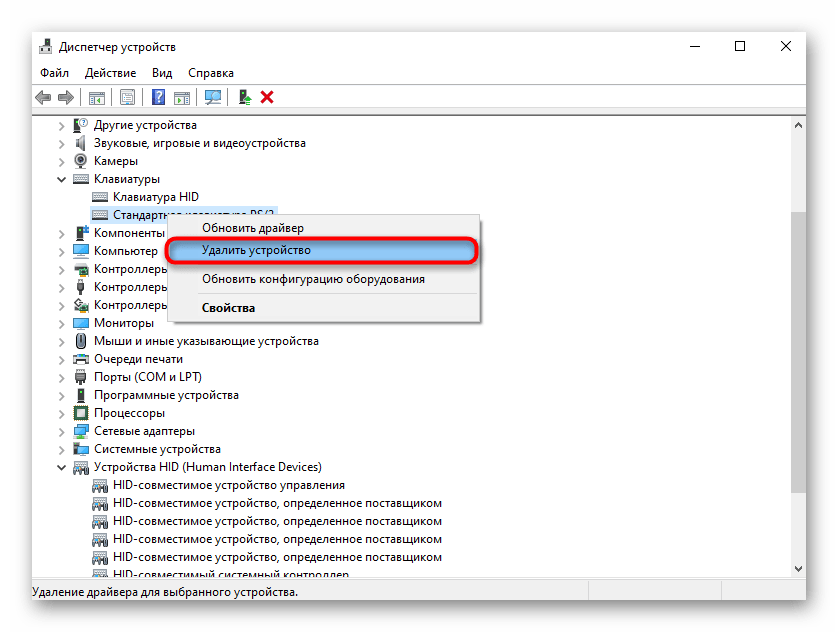 Пункт удаления клавиатуры как устройства из Диспетчера устройств в Windows 10
