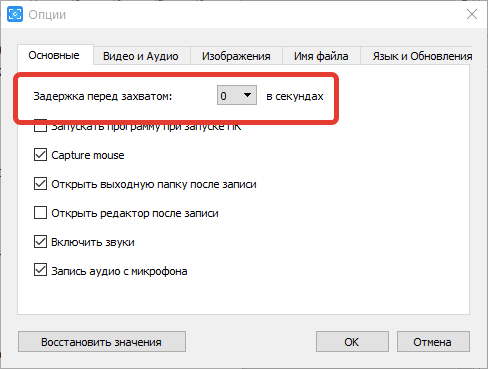 Задержка перед захватом в Free Screen Video Recorder