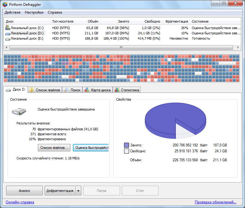 Результаты анализа жесткого диска в программе Defraggler